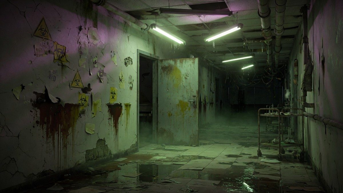 Couloir de laboratoire abandonné et faiblement éclairé, à l'ambiance verdâtre et inquiétante