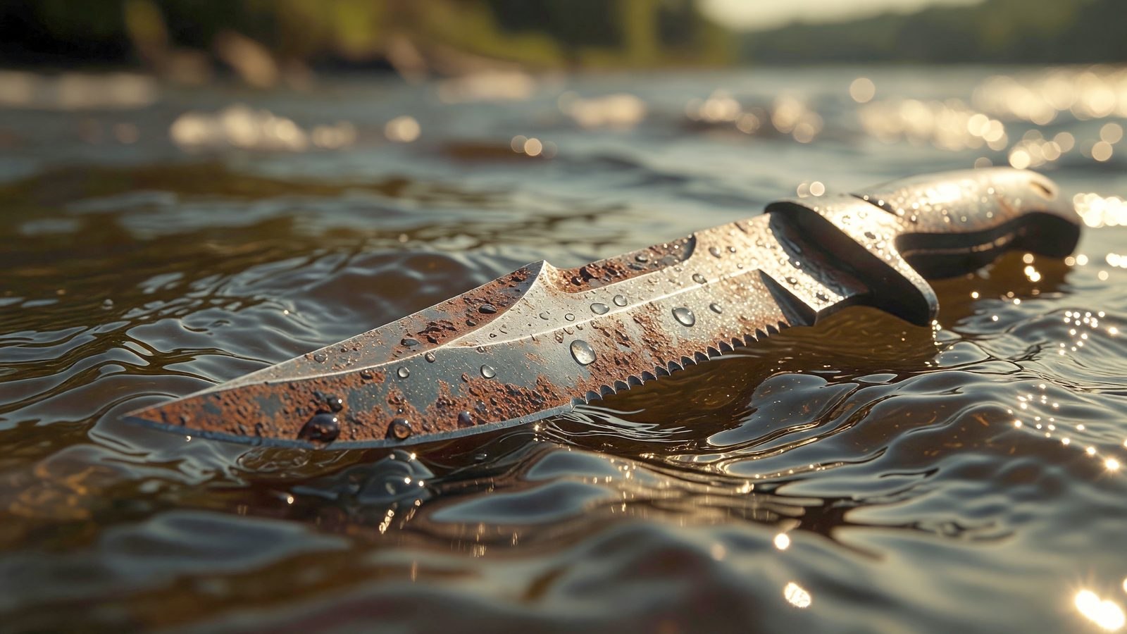 Gros plan sur une lame de couteau immergée dans l'eau d'une rivière, éclairée par une lumière dorée