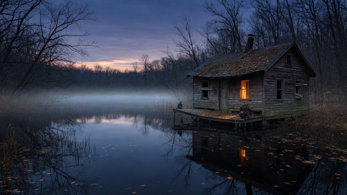 Cabane isolée au bord d'un lac à la tombée du jour, brume sur l'eau noire, une fenêtre éclairée.