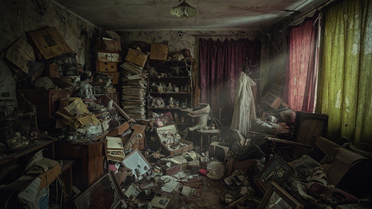 Intérieur sombre et encombré évoquant une maison d'accumulateur compulsif, ambiance oppressante