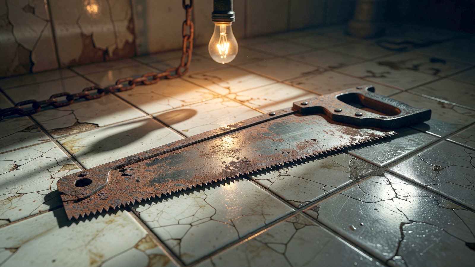 Gros plan sur une scie rouillée posée sur un carrelage fissuré, éclairé par une ampoule nue à la lumière chaude, dans une ambiance industrielle oppressante.