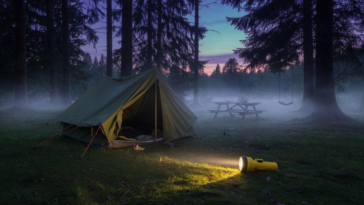 Un camp d'été forestier plongé dans la pénombre, avec une tente entrouverte et une lampe de poche abandonnée au sol