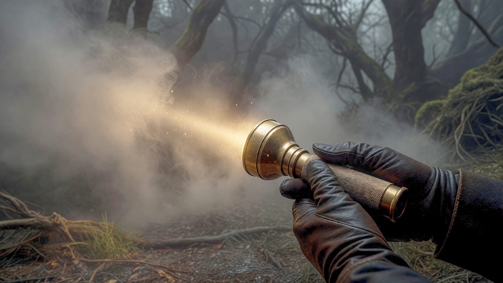 Faisceau d'une lampe torche perçant un brouillard dense dans une forêt sombre, ambiance mystère et horreur.