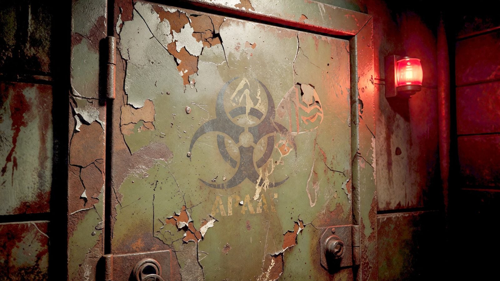Porte de confinement métallique abîmée éclairée par une lumière d'urgence rouge, ambiance survival horror