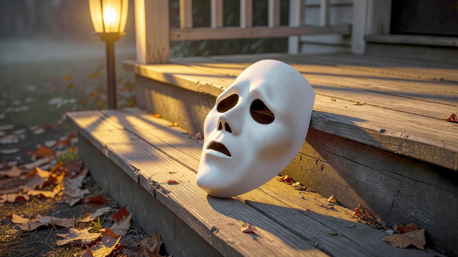 Un masque blanc de type fantôme posé sur les marches d'un porche, éclairé par la lumière chaude d'une lampe extérieure au crépuscule