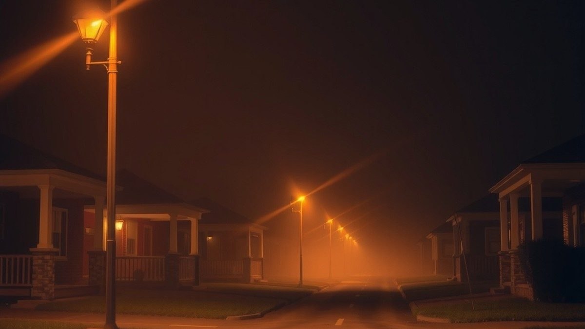 Rue résidentielle américaine plongée dans la nuit et la brume, ambiance inquiétante évoquant un film d'horreur