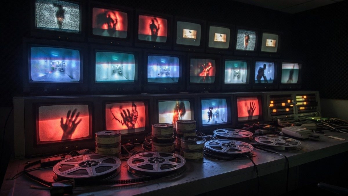 Salle sombre avec des écrans diffusant une lueur bleutée et rougeâtre, ambiance de programmation télévisuelle horreur, bobines de pellicule vintage en arrière-plan