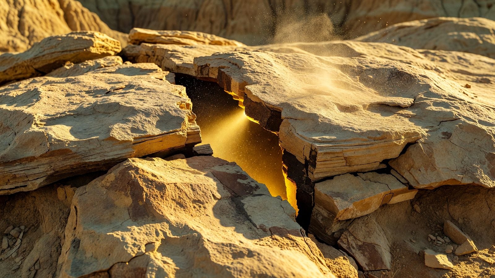 Gros plan sur une formation rocheuse fissurée dans un paysage de badlands, éclairée par une lumière chaude évoquant une lampe de géologue