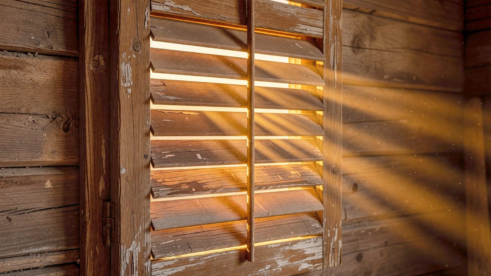 Lumière de coucher de soleil filtrant à travers les lattes d'un volet en bois dans un chalet isolé