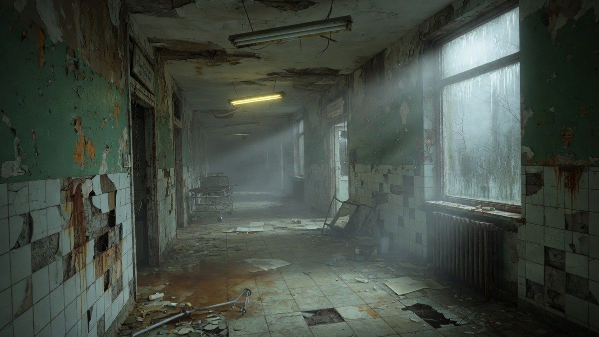 Couloir d'hôpital abandonné et brumeux évoquant l'ambiance oppressante de Silent Hill