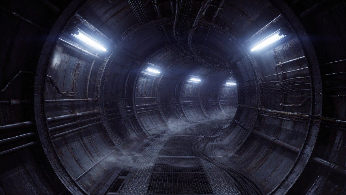 Couloir métallique circulaire et sombre évoquant l'intérieur d'un silo souterrain futuriste