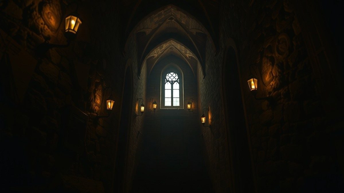 Couloir sombre d'un internat gothique éclairé à la bougie, ambiance mystérieuse évoquant l'univers de Sorcières Academy