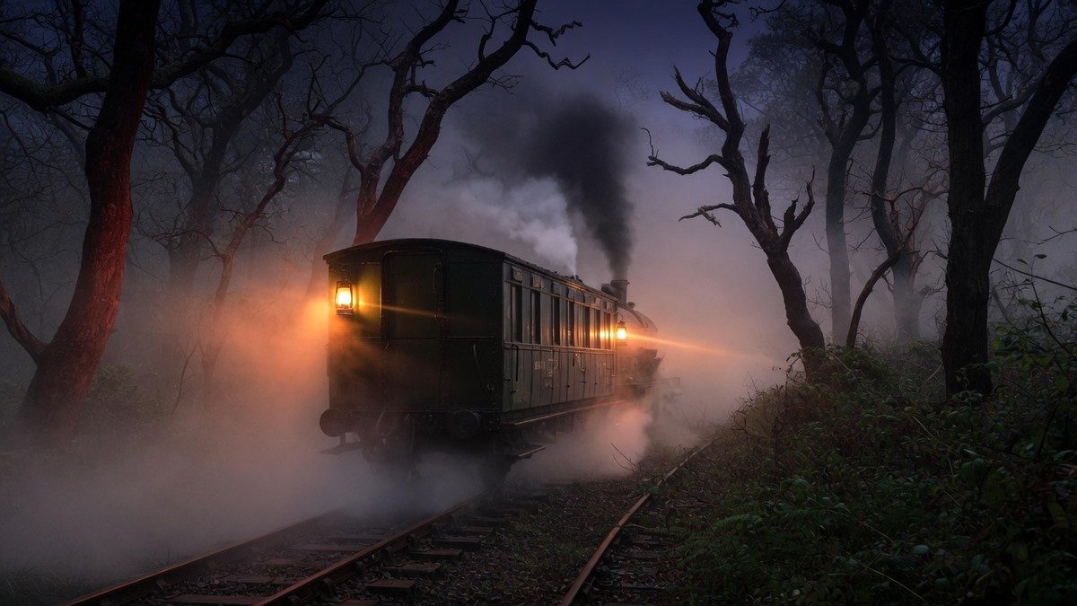 Un train à vapeur traverse une forêt brumeuse et sombre la nuit, lanternes allumées