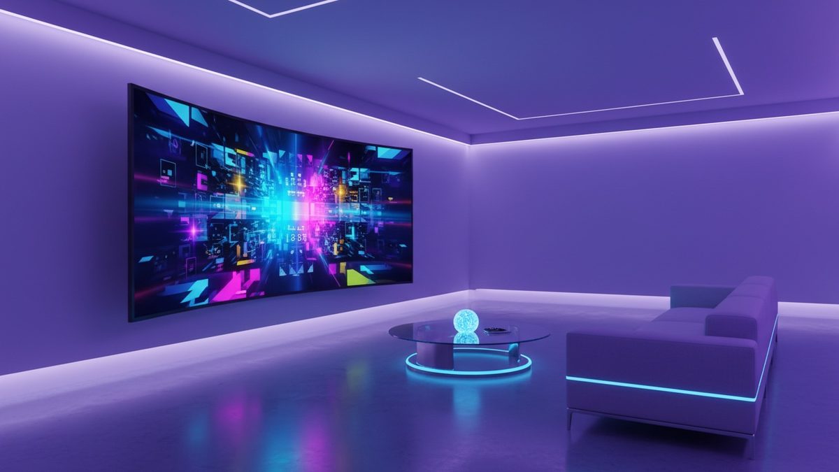 Salon futuriste avec une grande smart TV affichant une interface de streaming colorée dans une ambiance LED violette et bleue