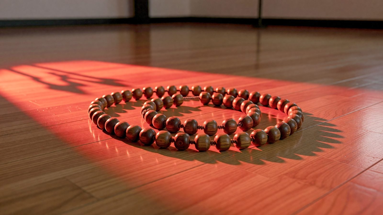 Un chapelet en bois posé sur le parquet d'une salle de danse vide, éclairé par une lumière rouge dramatique.