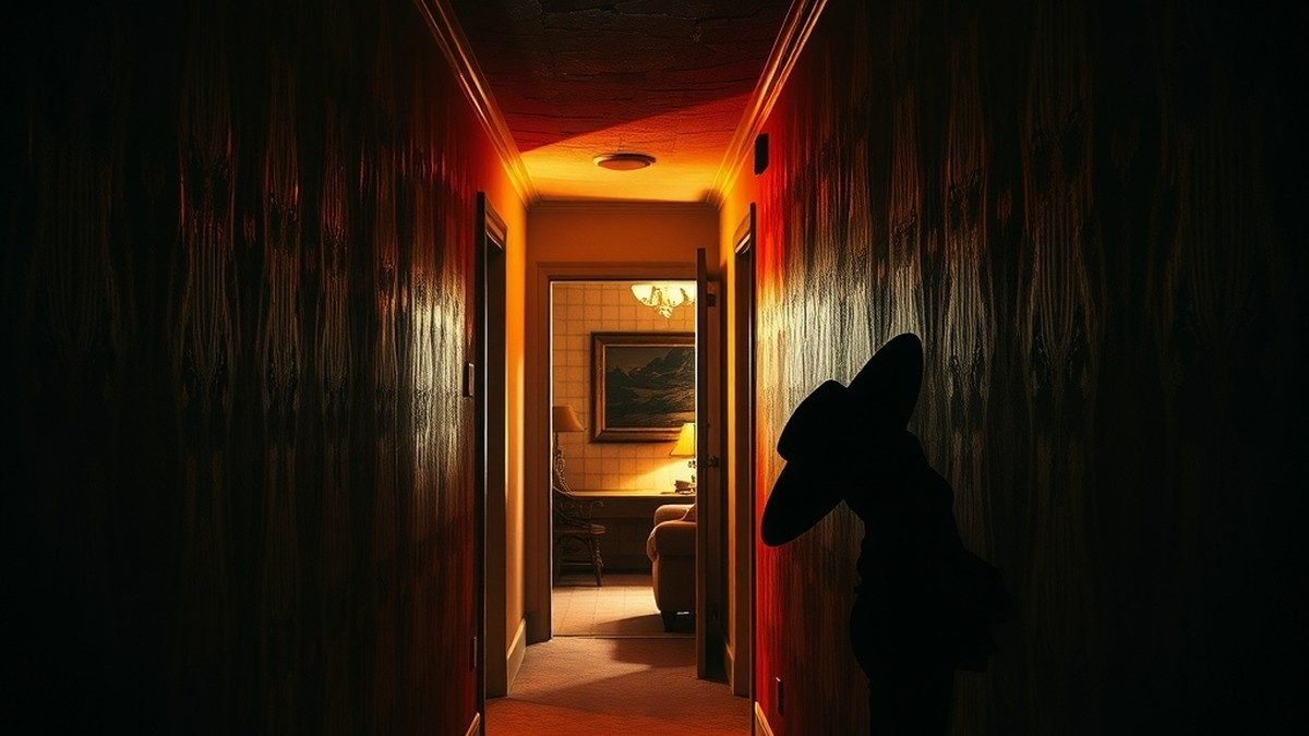 Couloir sombre d'une maison avec un papier peint rayé griffé et l'ombre d'un chapeau projetée sur le mur