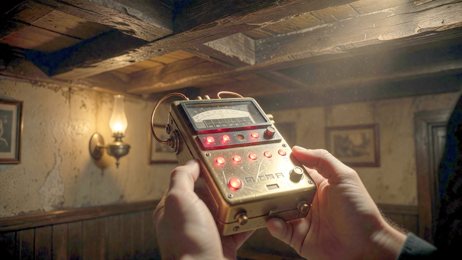 Gros plan sur un détecteur électromagnétique aux voyants rouges allumés, tenu dans l'obscurité chaleureuse d'un vieux pub anglais