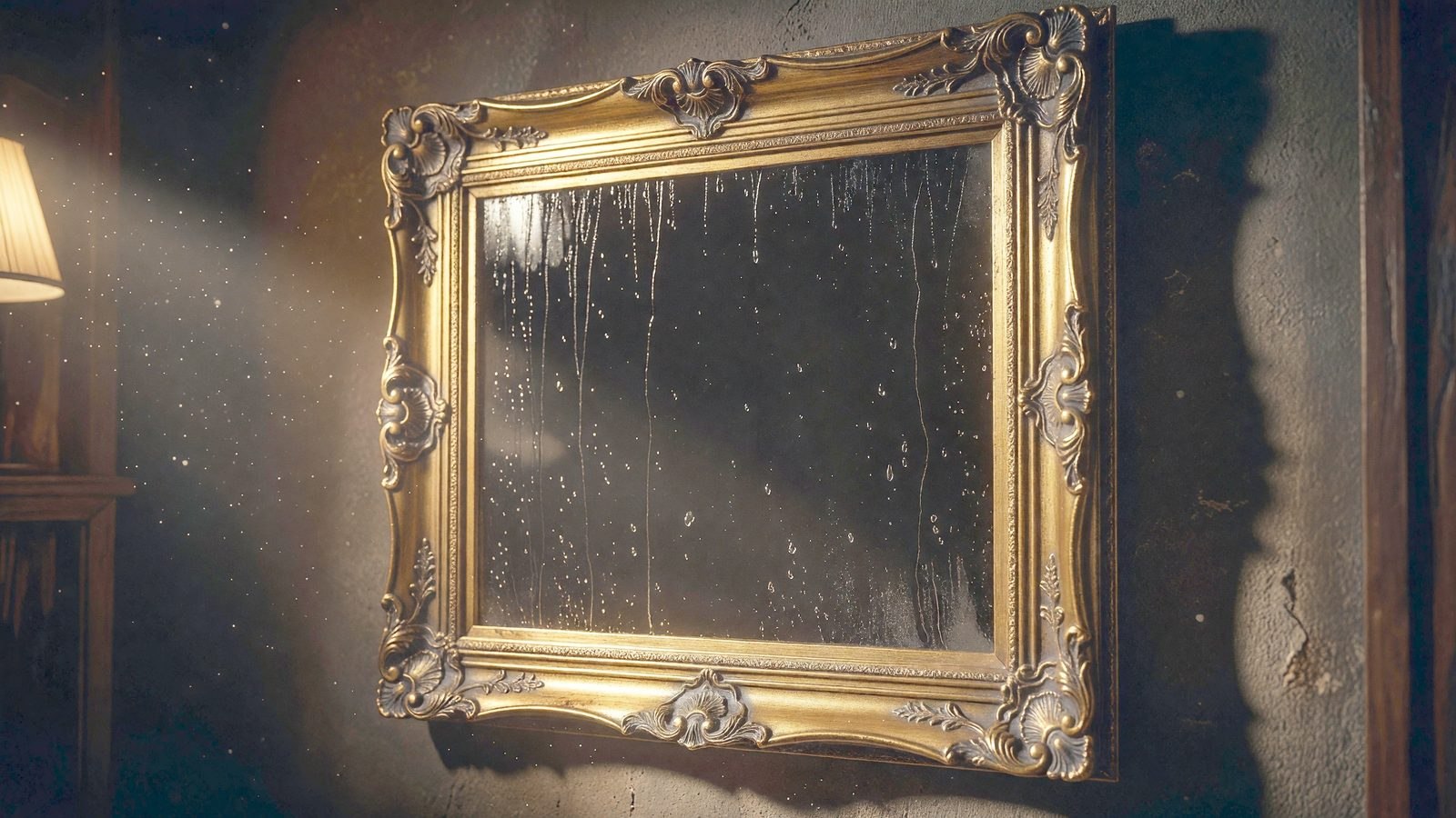 Un cadre doré ancien accroché sur un mur sombre, le verre strié de gouttes de pluie évoquant des larmes, éclairé par une lumière ambrée chaude.