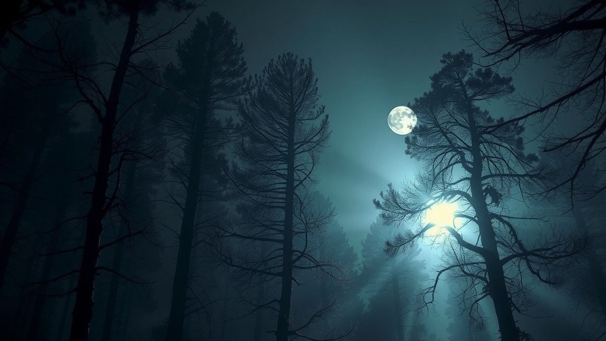Clairière forestière brumeuse éclairée par la lune, ambiance horreur nocturne