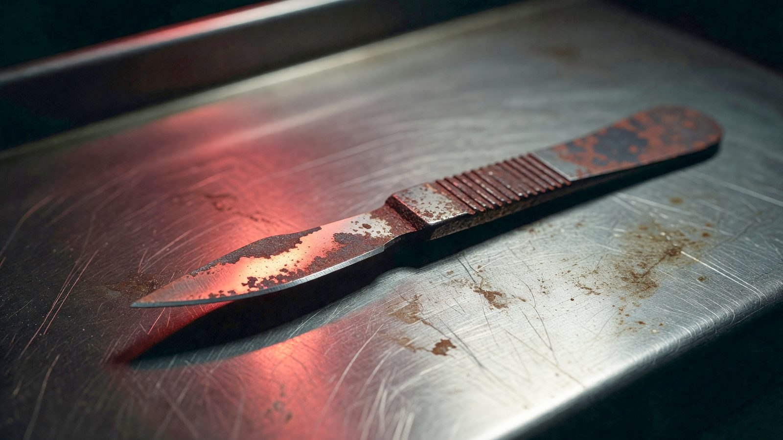 Un scalpel posé sur une table métallique, éclairé par une lumière rouge sombre évoquant une ambiance clinique inquiétante.