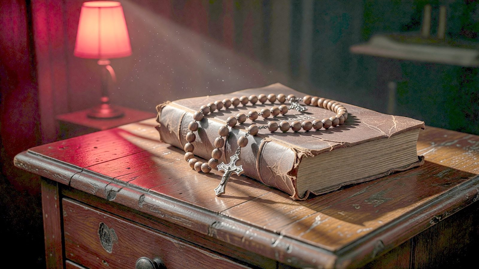 Un chapelet en bois posé sur une bible ancienne, éclairés par une lumière rouge tamisée évoquant une ambiance de film d'horreur