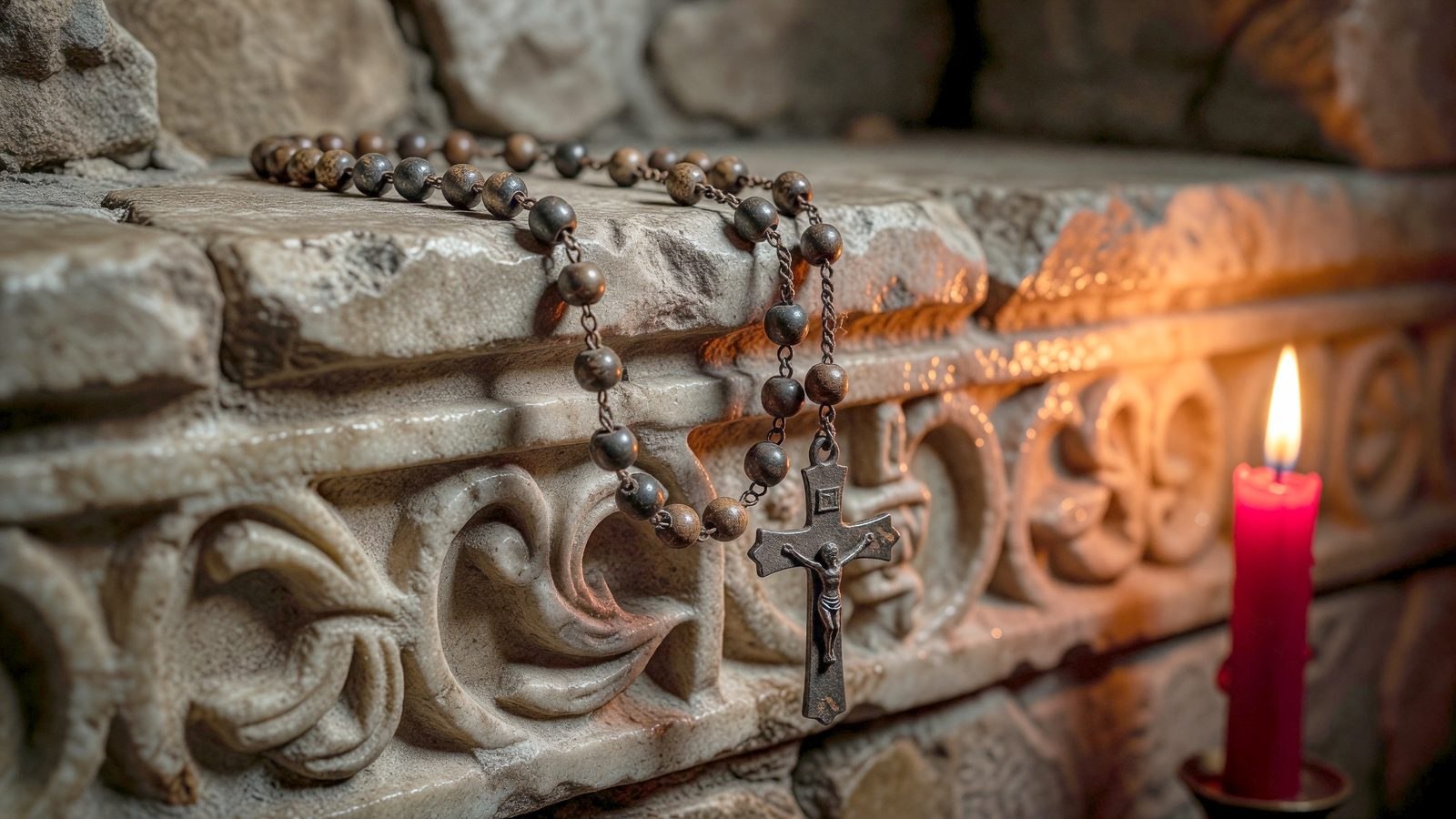 Gros plan sur un chapelet et une croix en fer posés sur la pierre froide d'une crypte, éclairés par la lueur rouge d'une bougie votive