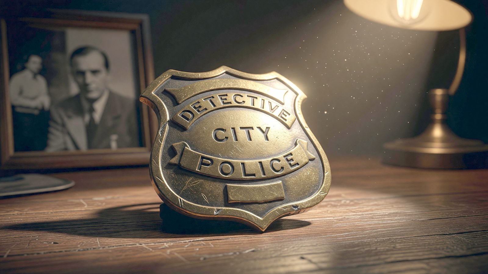 Badge de police posé sur un bureau sombre, éclairé par une lampe, avec une photo encadrée floue en arrière-plan