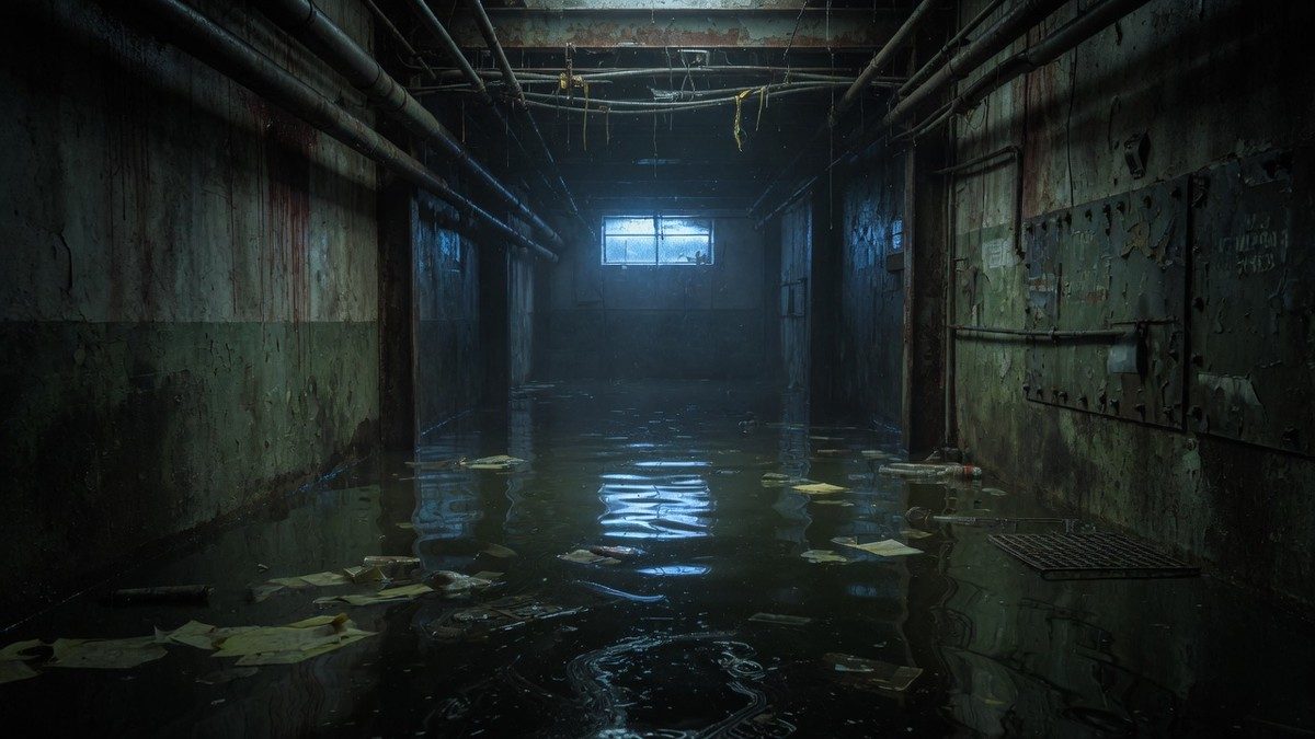 Couloir sombre et inondé baigné d'une lumière froide, ambiance oppressante