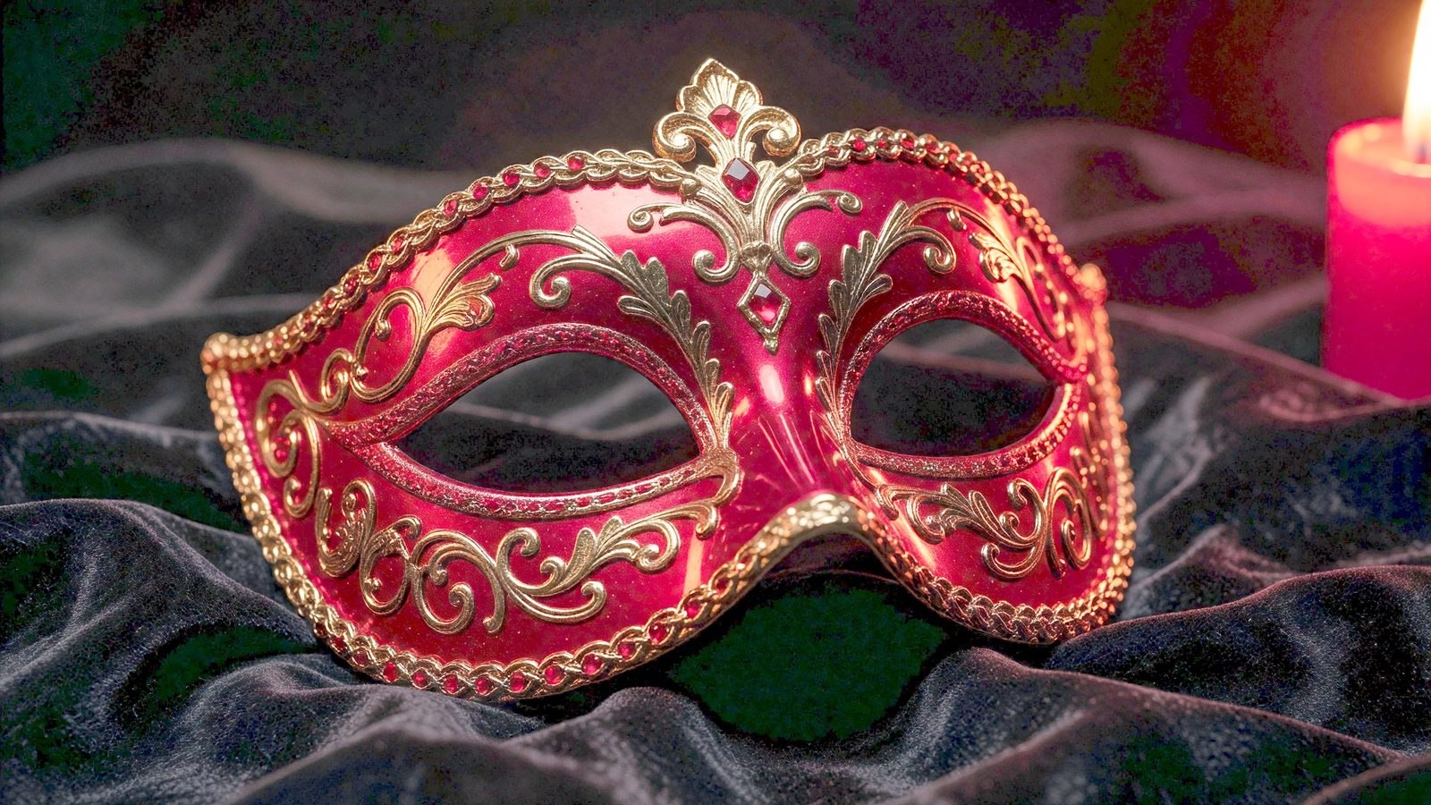 Masque de bal masqué orné de couleur rouge posé sur un tissu sombre, éclairé par une lumière chaude et dramatique.
