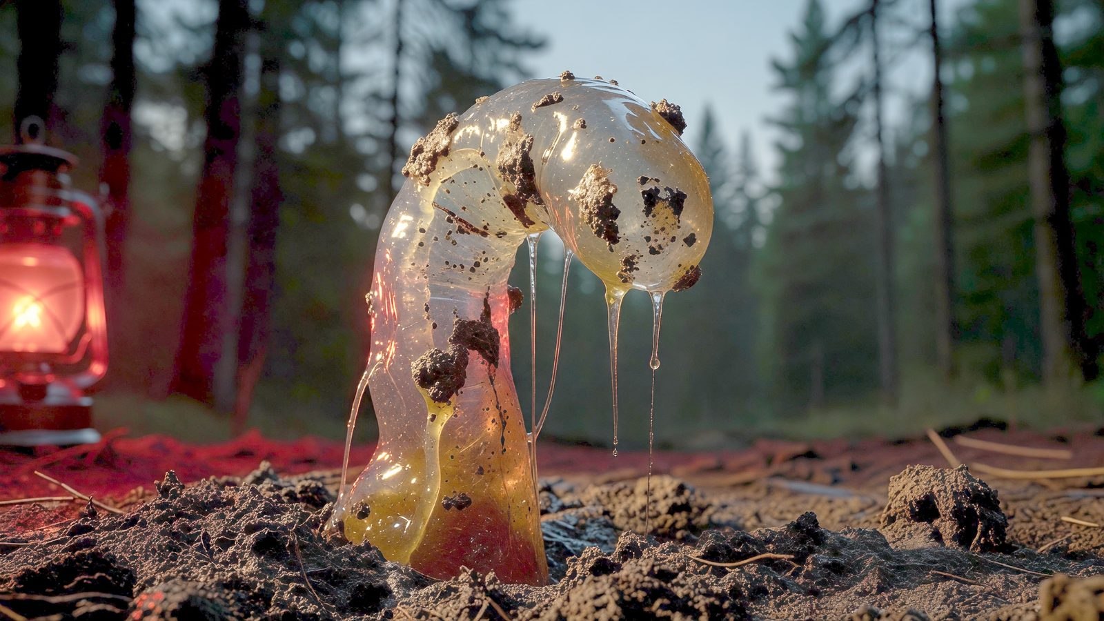 Gros plan sur une matière organique gluante émergeant de la terre d'une forêt, éclairée par une lumière rouge chaude