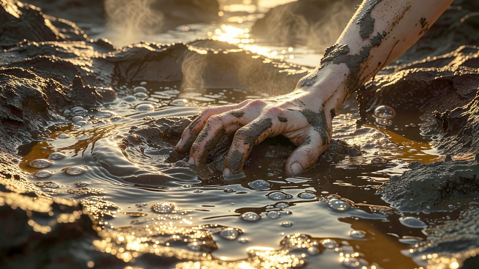Gros plan sur une mare de boue sombre et bouillonnante au coucher du soleil, avec une main humaine s'enfonçant sur le bord