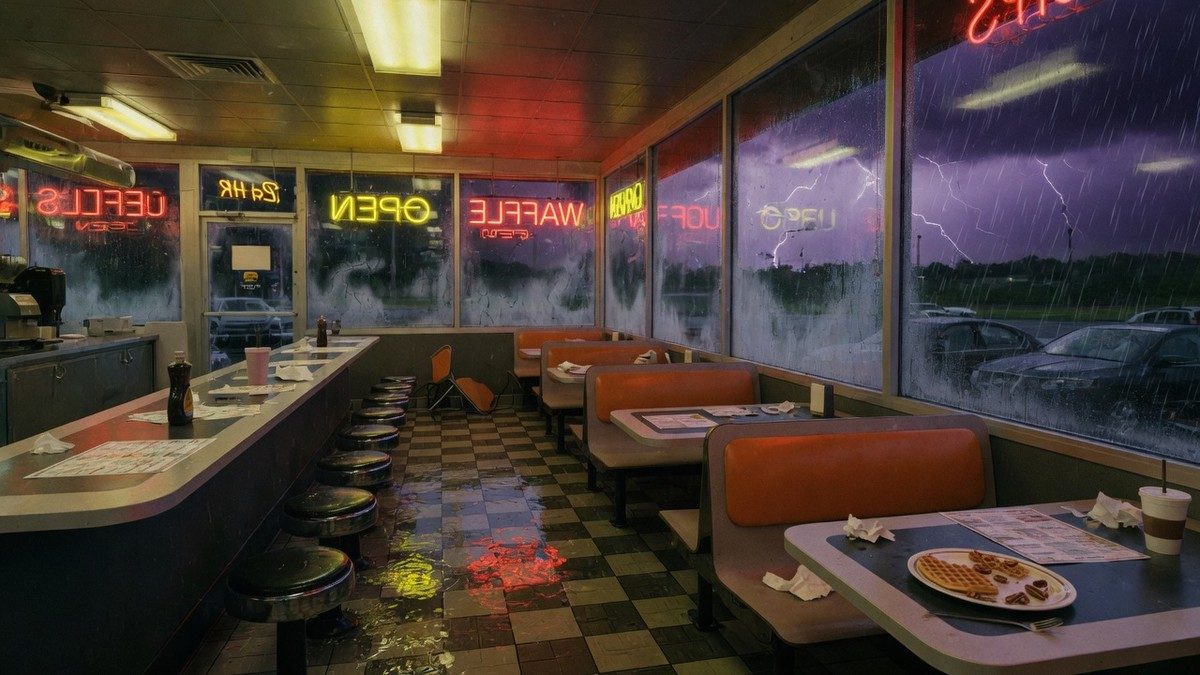Un diner américain désert la nuit sous des néons, ambiance orageuse et inquiétante