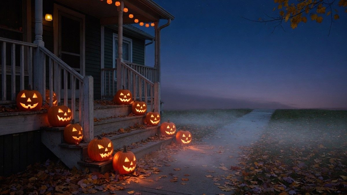 Allée de maisons décorées de citrouilles illuminées lors d'une nuit d'Halloween brumeuse