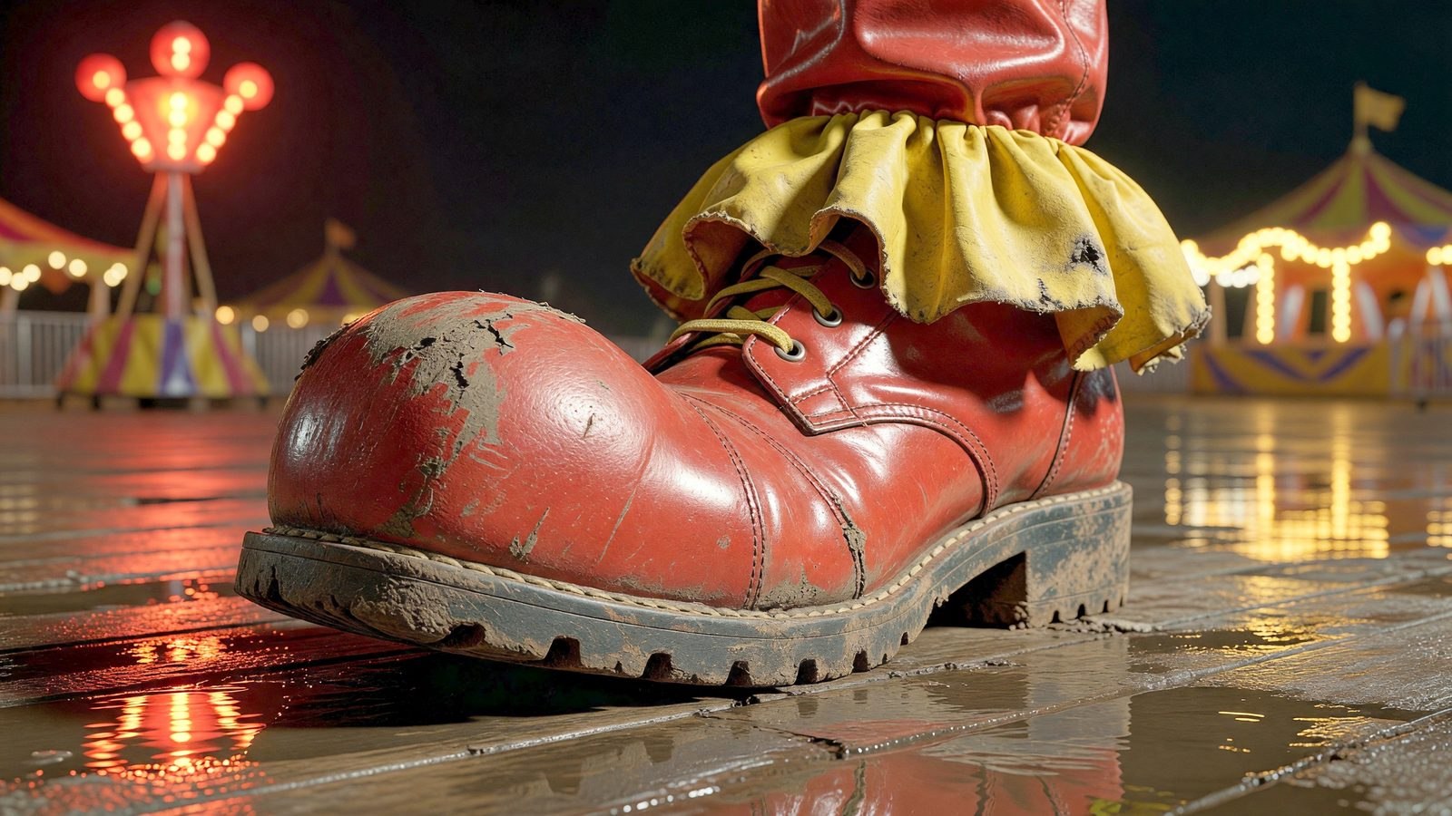 Gros plan sur une chaussure de clown posée sur un sol de fête foraine mouillé, éclairée par des lumières rouges et ambrées