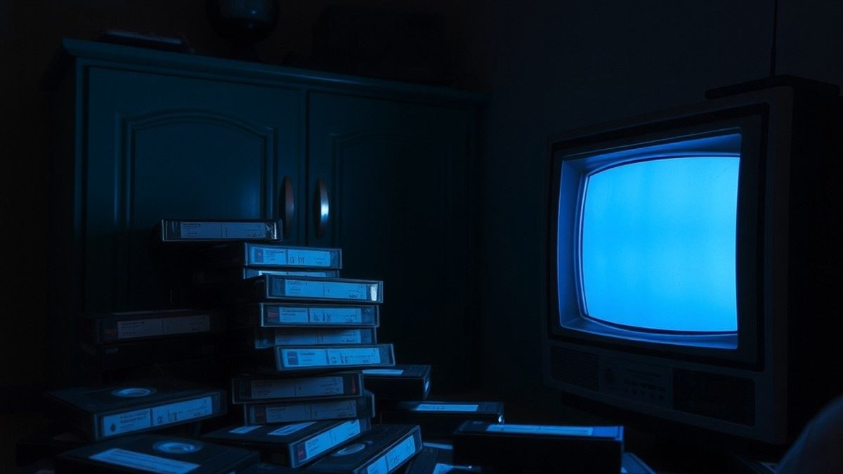 Cassettes VHS abandonnées dans une pièce sombre éclairée par la lueur d'un téléviseur ancien