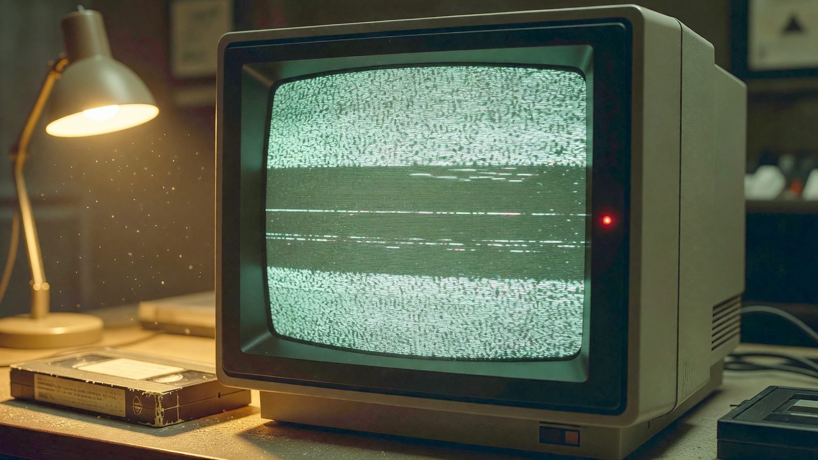 Moniteur de surveillance rétro façon VHS, éclairé par une lampe chaude et un voyant rouge, dans une pièce sombre.