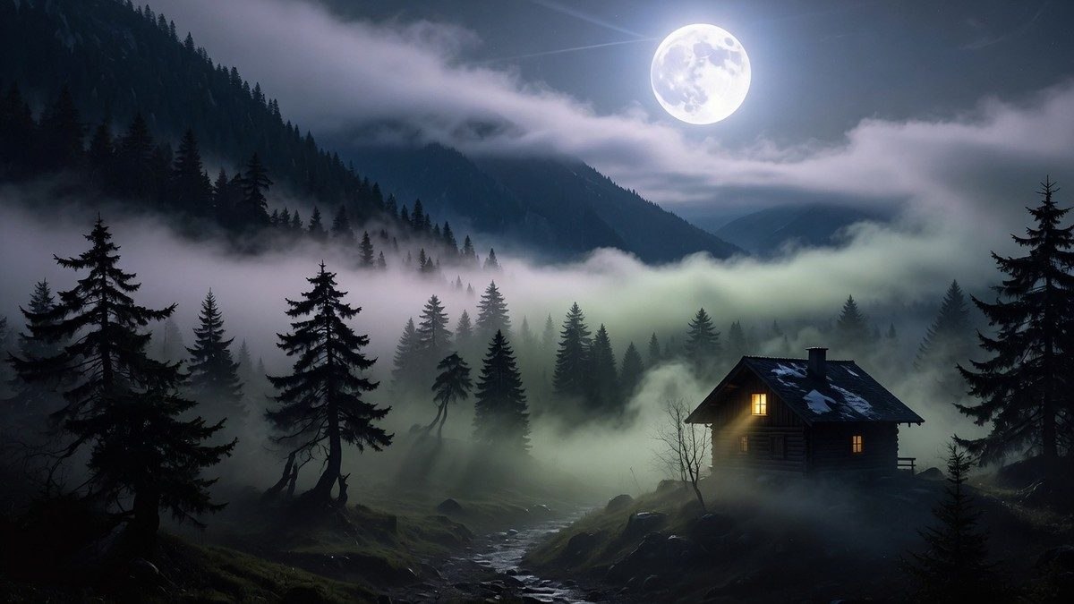 Forêt de montagne brumeuse éclairée par la pleine lune, avec un chalet isolé au loin
