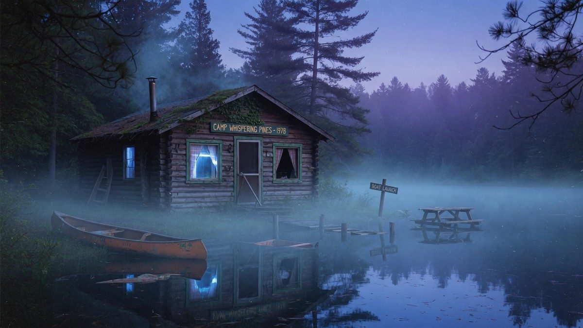 Cabane isolée au bord d'un lac dans une forêt brumeuse au crépuscule, ambiance inquiétante de camp de vacances abandonné