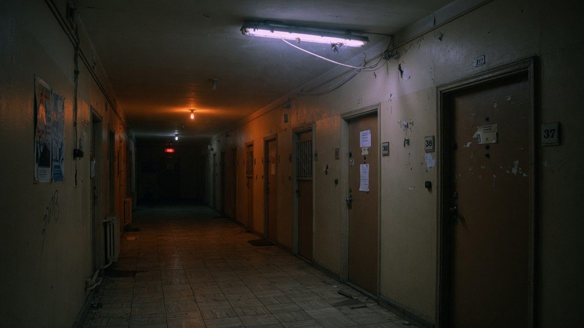 Couloir d'immeuble sombre et vide la nuit, éclairé par un néon vacillant, ambiance oppressante