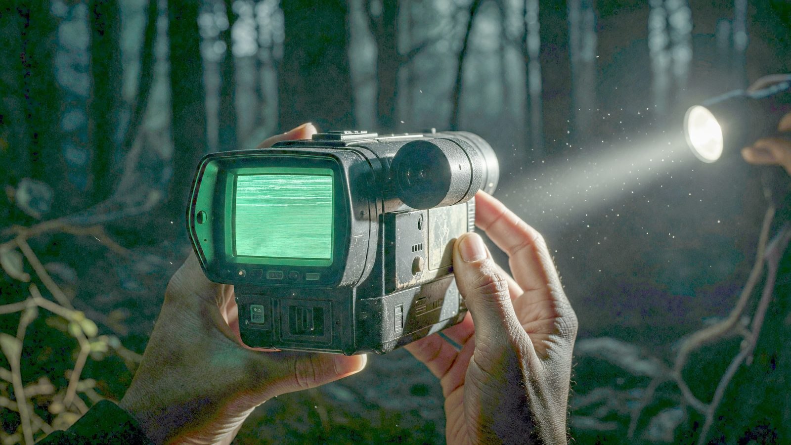 Gros plan sur l'écran d'un camescope qui filme dans l'obscurité, éclairé par une lampe torche
