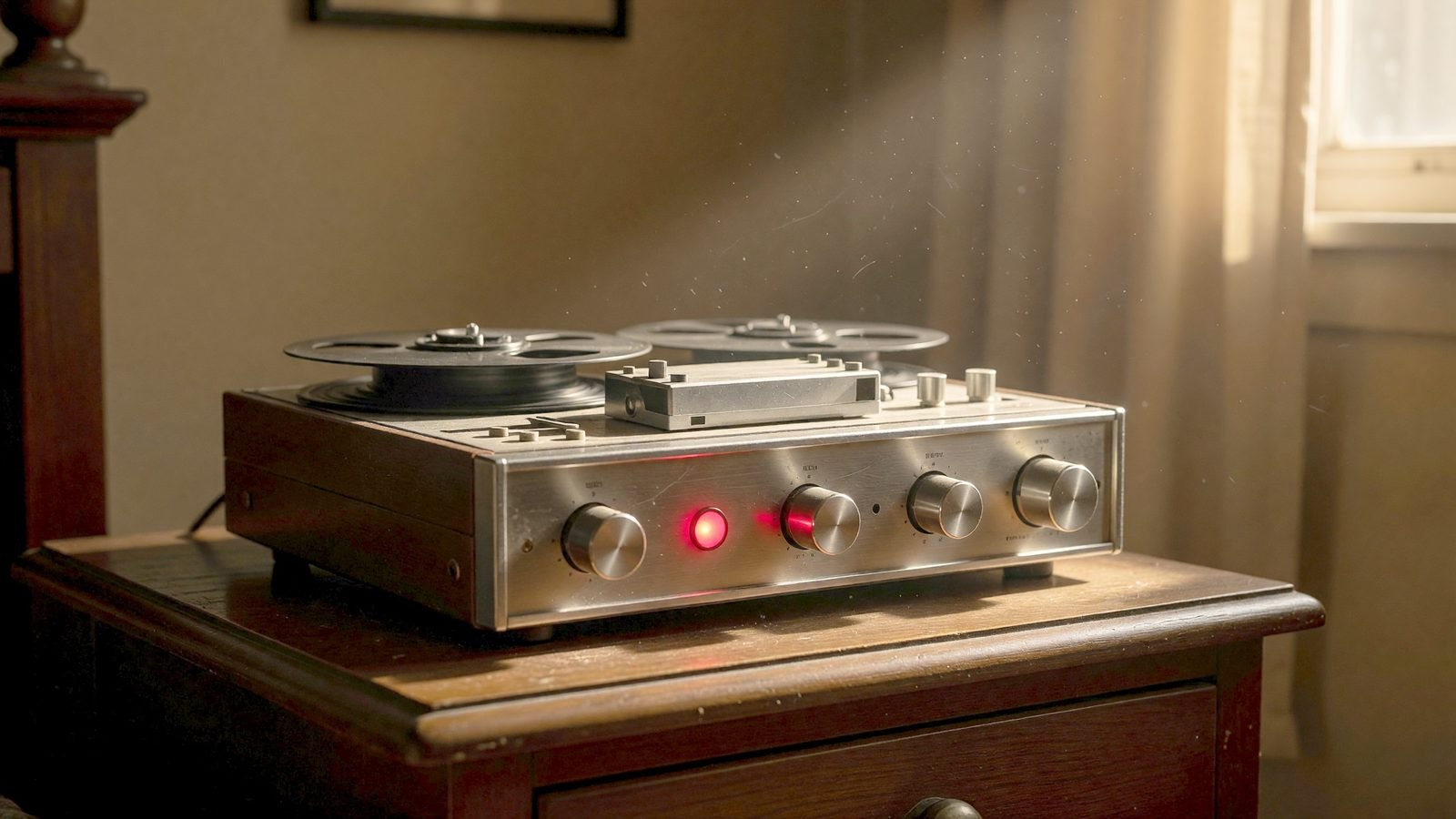 Un magnétophone à bobines vintage avec son voyant rouge allumé, posé sur une table de nuit dans une lumière dorée tamisée