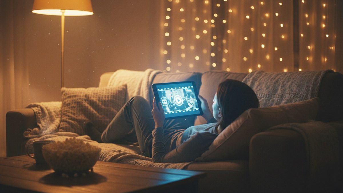 Personne regardant un film classique en noir et blanc sur une tablette dans un salon chaleureux éclairé par des lumières tamisées