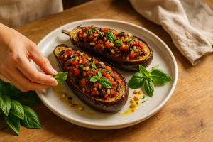 Deux demi‑aubergines farcies aux saveurs calabraises avec tomates basilic et pignons