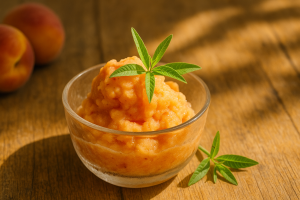 Recette sorbet maison à la pêche et verveine dans un bol avec feuilles fraîches