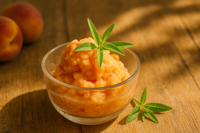 Recette sorbet maison à la pêche et verveine dans un bol avec feuilles fraîches
