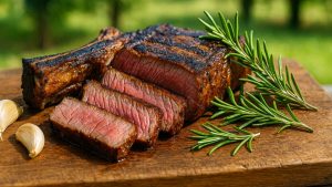 Côte de bœuf grillée au barbecue avec romarin et ail sur une planche en bois