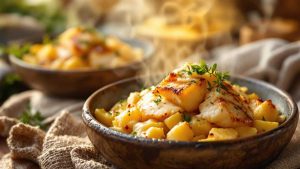 Salade tiède avec pommes de terre, poisson grillé et fromage fondant, servie pour l’apéritif