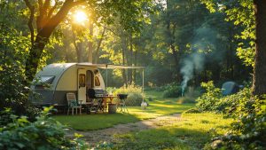 Scène paisible d’un camping ou maison de vacances entourée de végétation, mettant en valeur les gestes de prévention des incendies