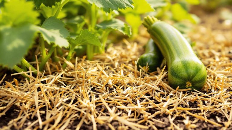 Gros plan sur un potager paillé avec des plants de tomates et courgettes, feuilles vertes et paillis doré sous lumière naturelle