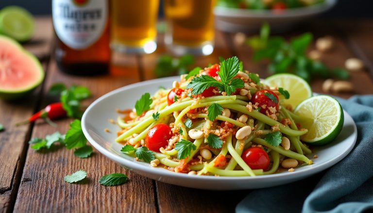 découvrez une recette originale de salade de papaye piquante inspirée de hua lamphong, relevée d'une touche de bière pour plus de saveur. facile à préparer, fraîche et exotique, cette entrée surprendra vos papilles !